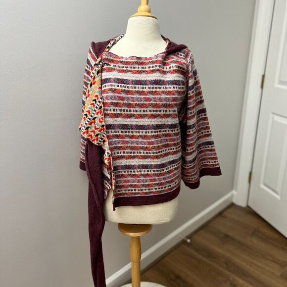 Anthropologie Moth Burgundy Multicolor Hooded Wrap Poncho Scarf Sweater - Picture 10 of 11